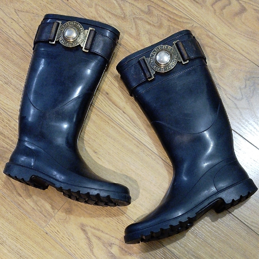 Burberry Rainboots Women's  Authentic Black Knee Length Wellies w/Logo